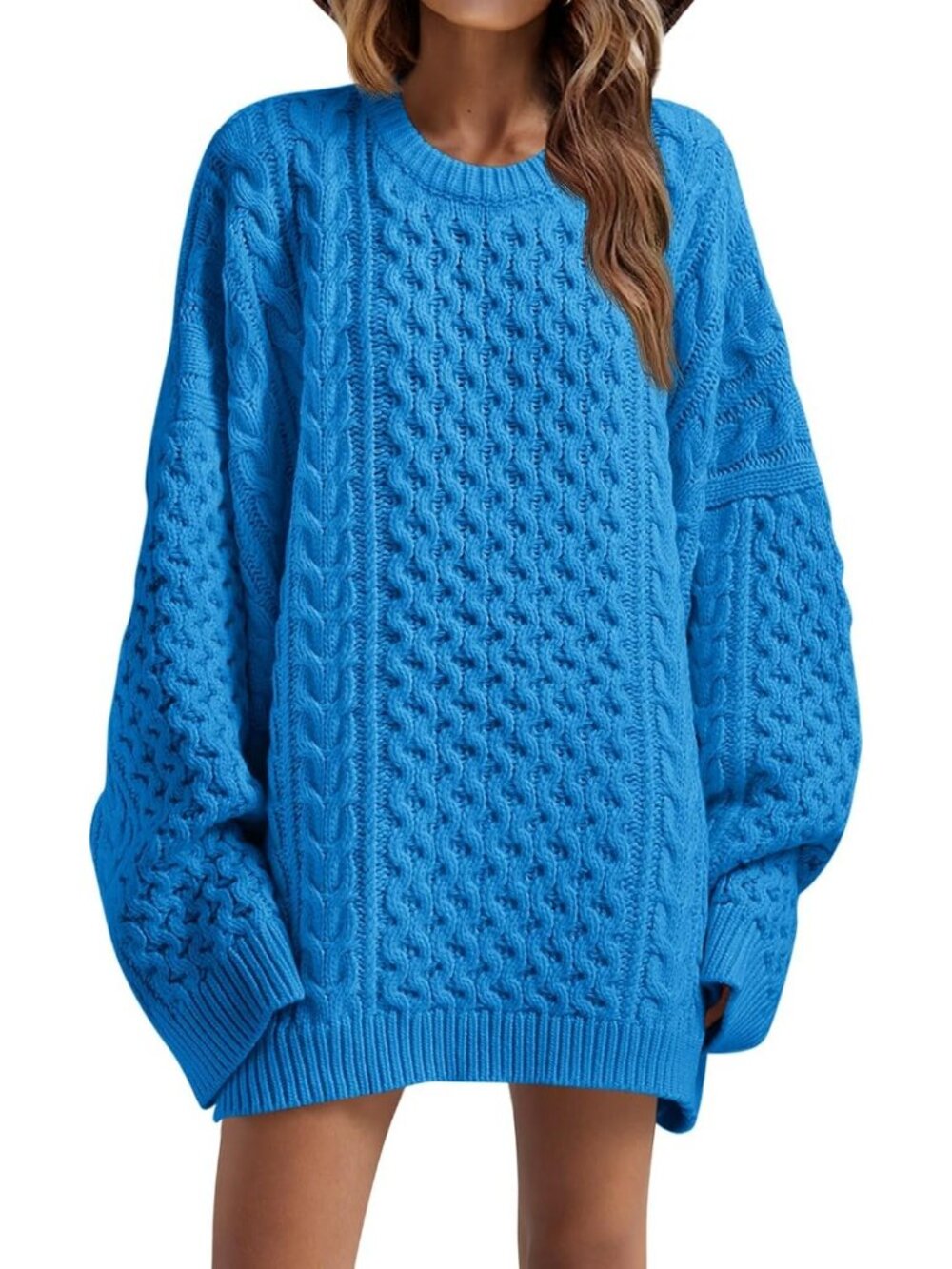 Women's Blue Oversized Sweaters Chunky Cable Knit Tunic Long Winter Sweater